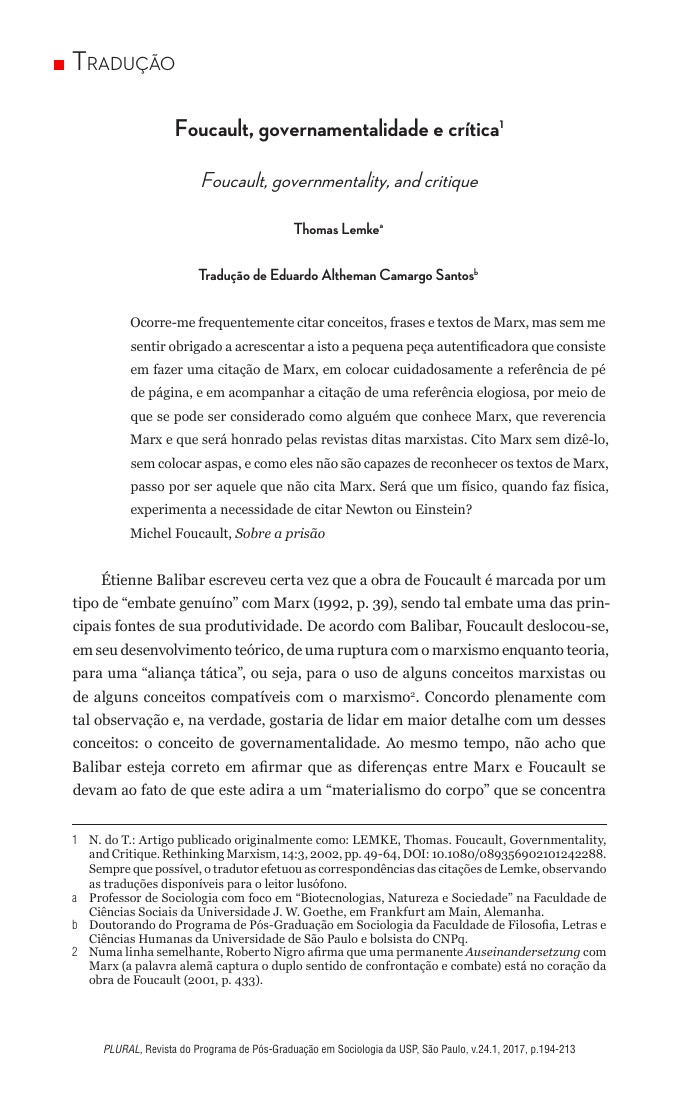 Cover or institutional image for Foucault, governamentalidade e crítica